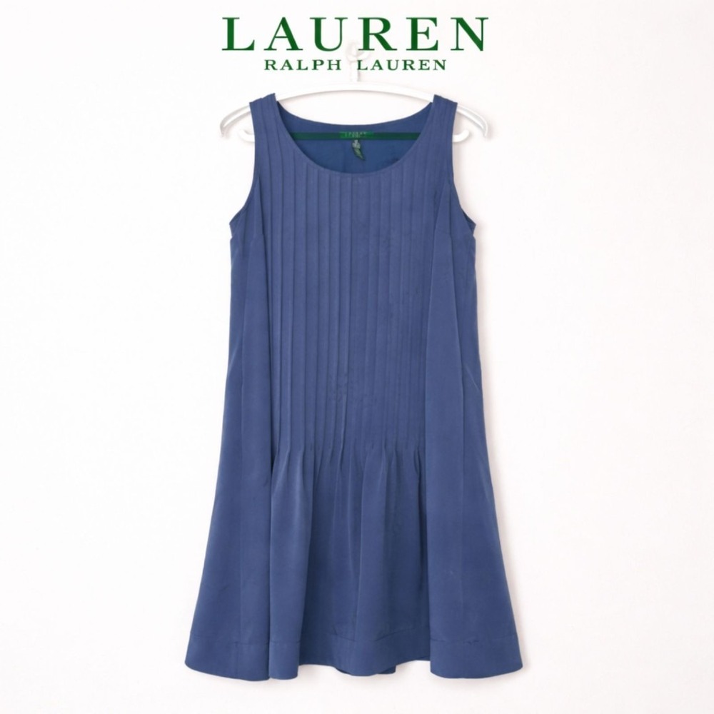 Lauren Ralph Lauren Blue Pleated Shift Dress Size 10 Sleeveless‎ Classic Chic